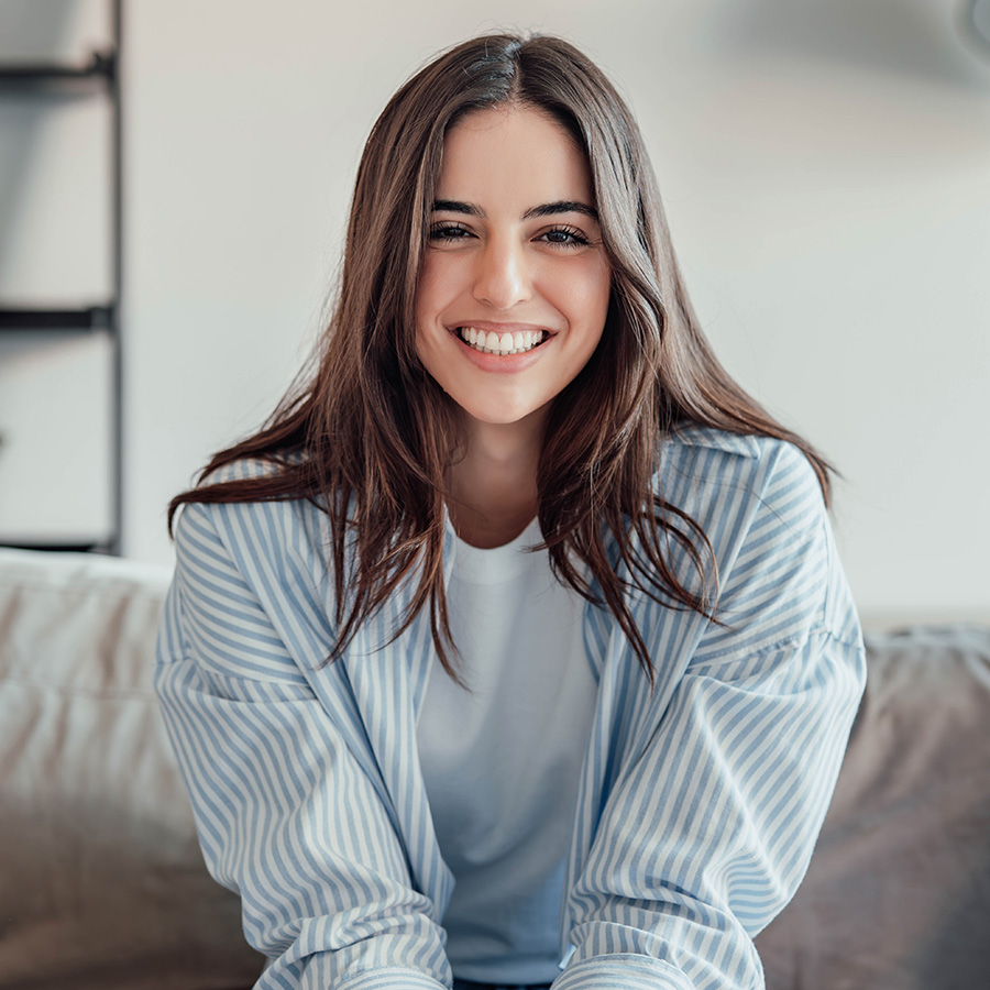 woman in a blue striped shirt